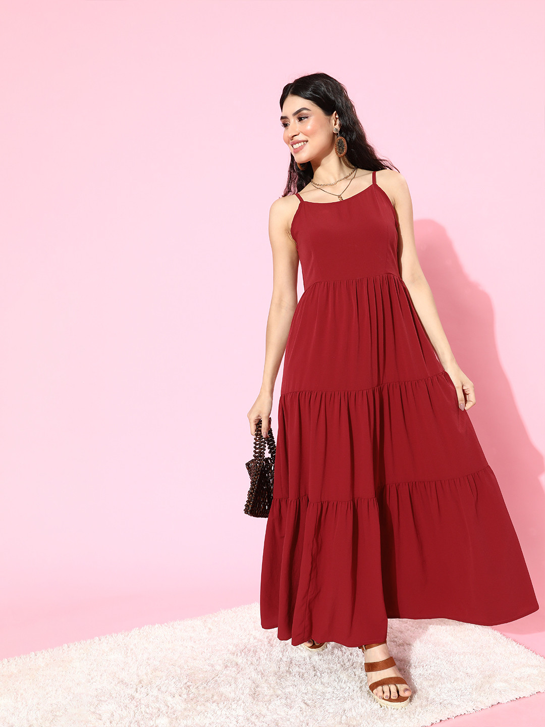 

THREAD MUSTER Women Charming Maroon Solid Tiered Dress