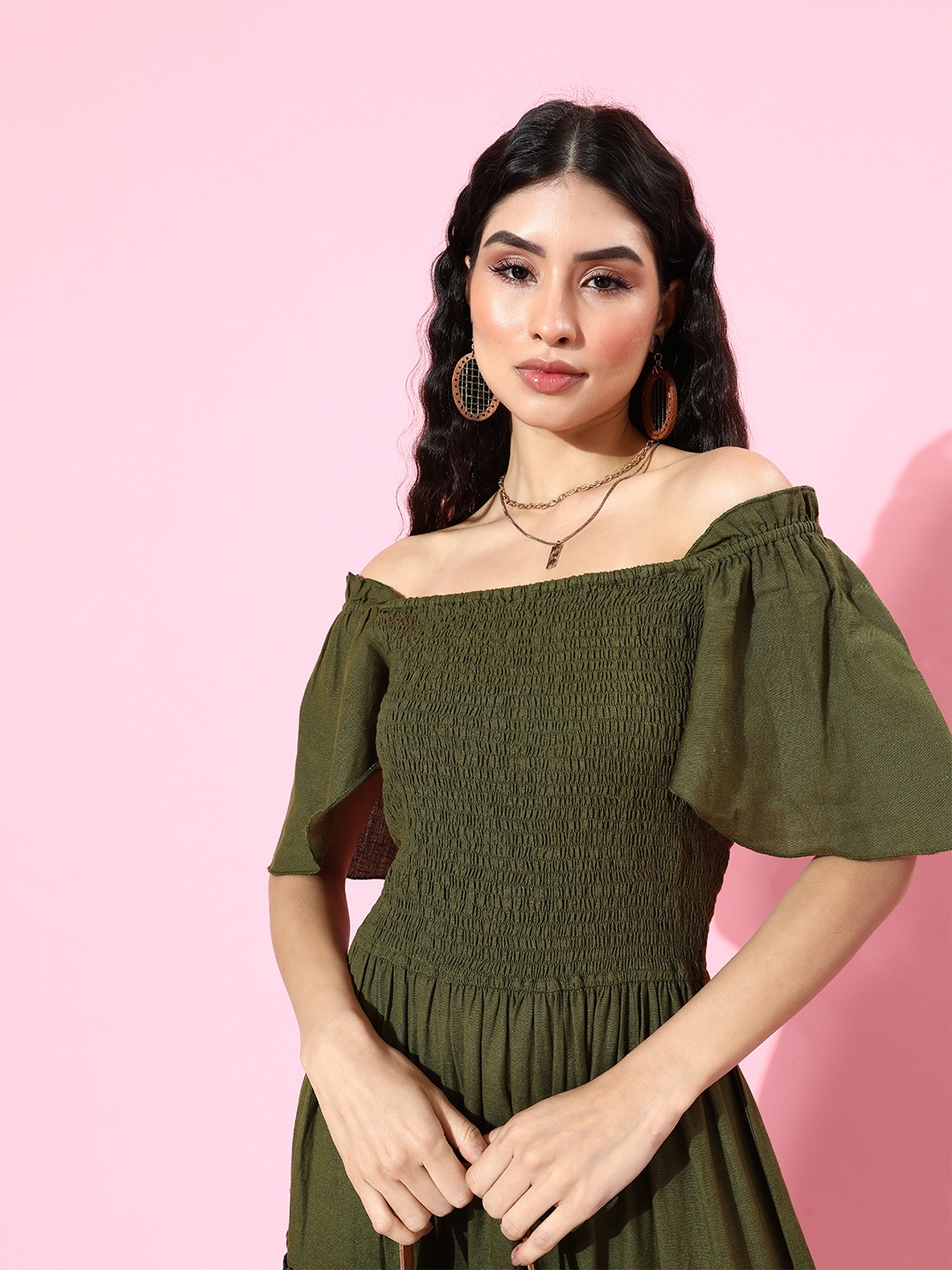 

THREAD MUSTER Women Lovely Olive Solid Tiered Dress