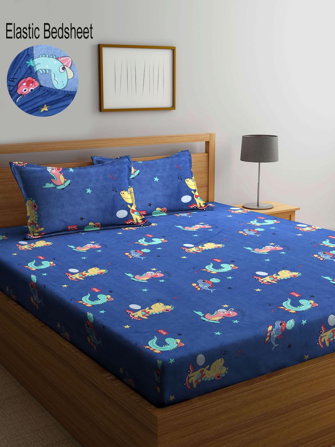 

KLOTTHE Blue & Yellow Graphic 300 TC Fitted Double Bedsheet with 2 Pillow Covers