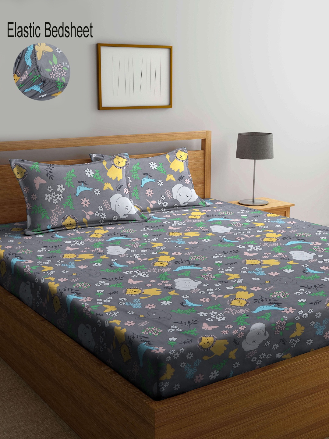 

KLOTTHE Grey & Blue Graphic 300 TC Fitted King Double Bedsheet With 2 Pillow Covers