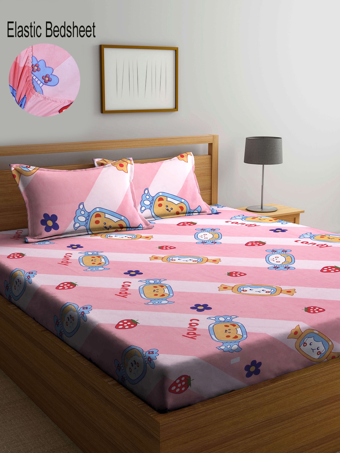 

KLOTTHE Pink & White 300 TC Cotton Blend Fitted Double Bedsheet with 2 Pillow Covers