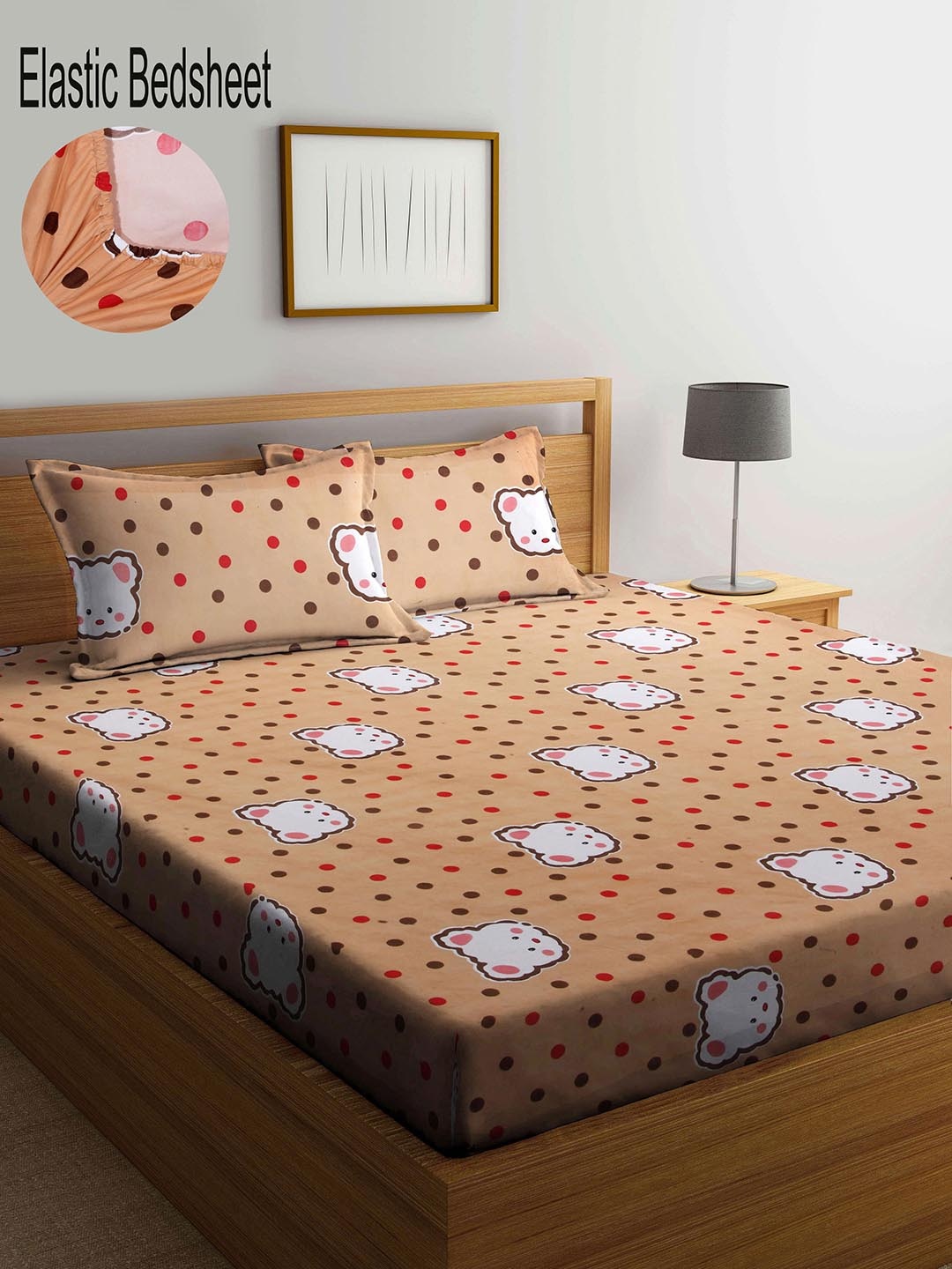 

KLOTTHE Beige Geometric 300 TC Fitted Double Bedsheet with 2 Pillow Covers