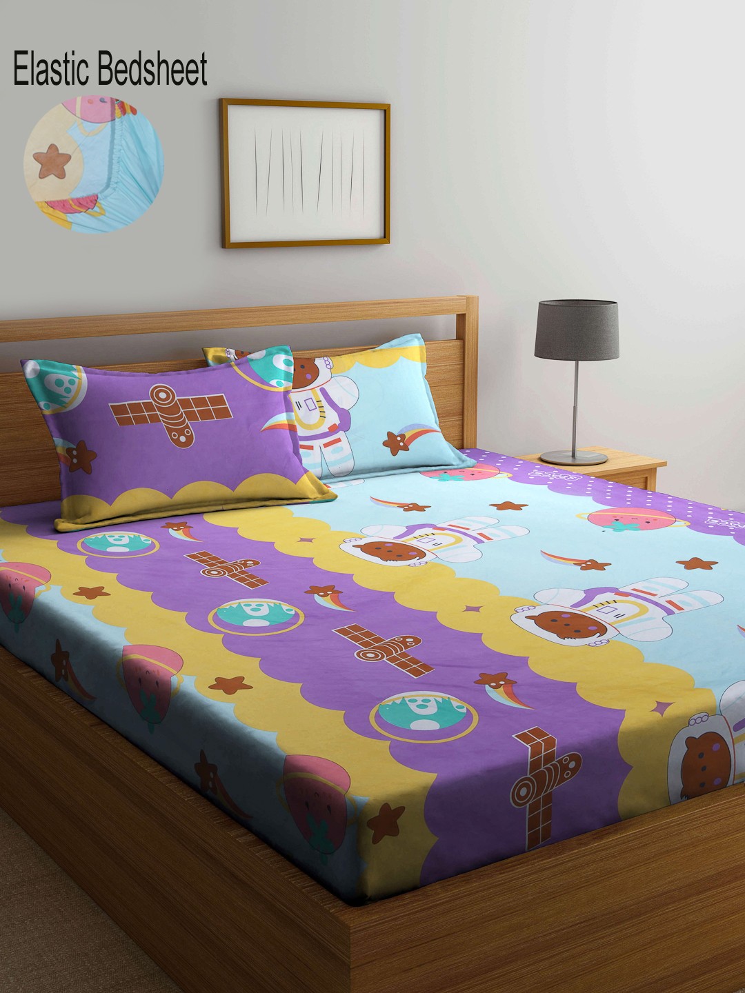 

KLOTTHE Yellow & Lavender Graphic 300 TC Fitted Double Bedsheet with 2 Pillow Covers