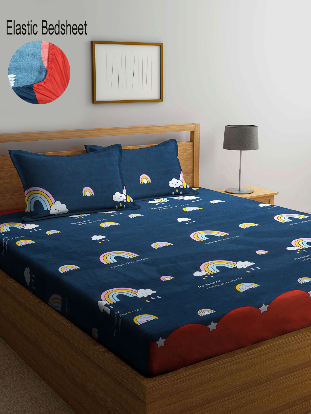 

KLOTTHE Navy Blue & Yellow Graphic 300 TC Fitted Double Bedsheet with 2 Pillow Covers