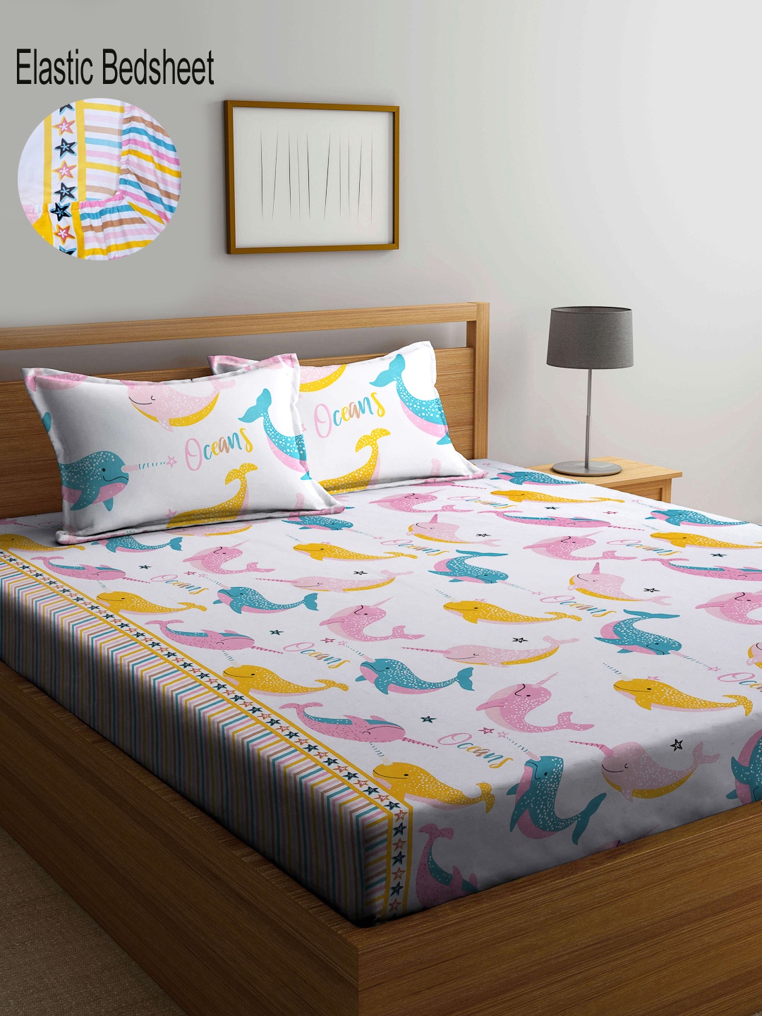 

KLOTTHE White & Yellow Graphic 300 TC Fitted Double Bedsheet with 2 Pillow Covers