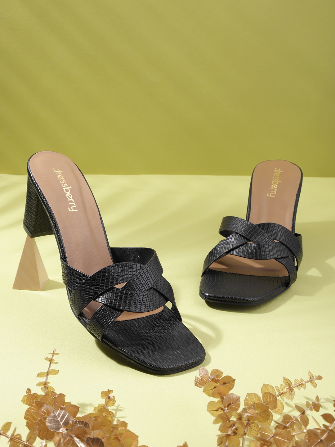 

DressBerry Women Black Snake Skin Textured Block Heels