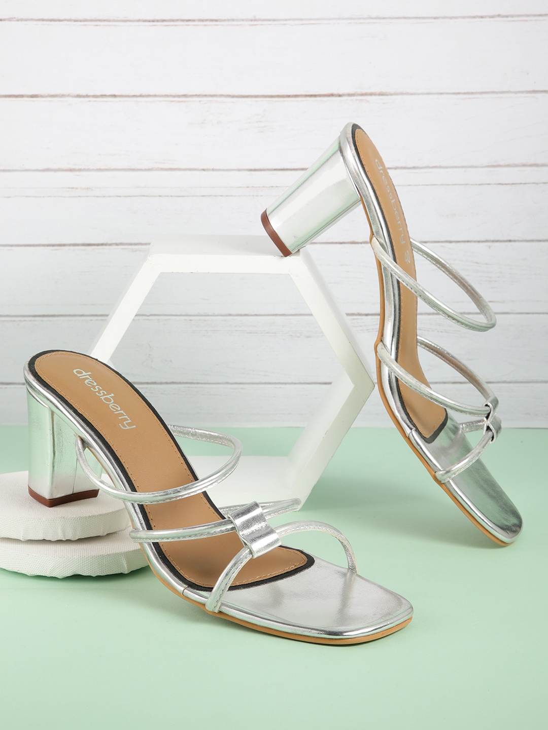 

DressBerry Women Silver-Toned Solid Strappy Block Heels