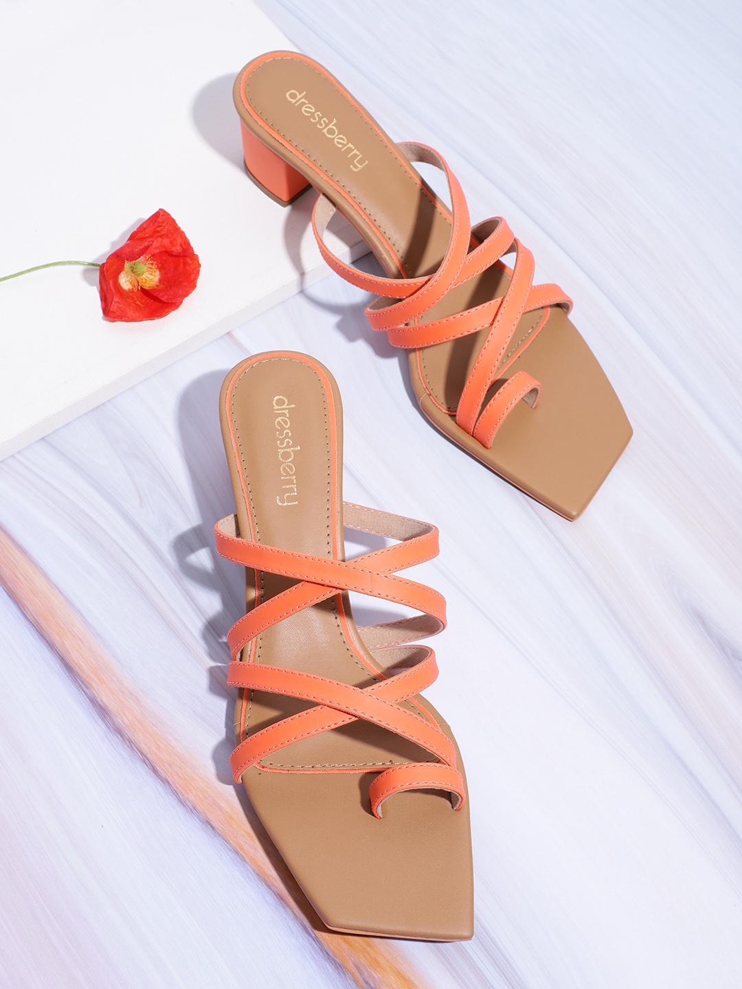 

DressBerry Coral Orange Solid One Toe Block Heels with Criss-Cross Detail