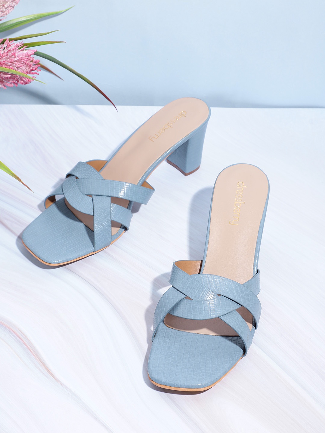 

DressBerry Women Blue Croc-Textured Block Heels