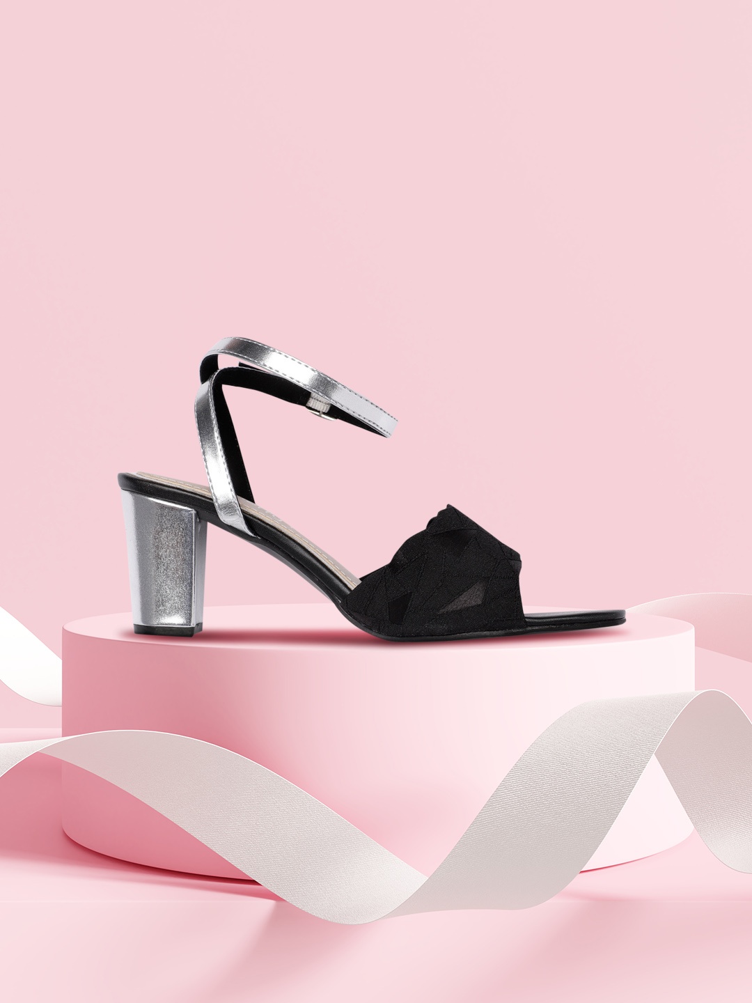 

DressBerry Black & Silver-Toned Textured PU Block Sandals