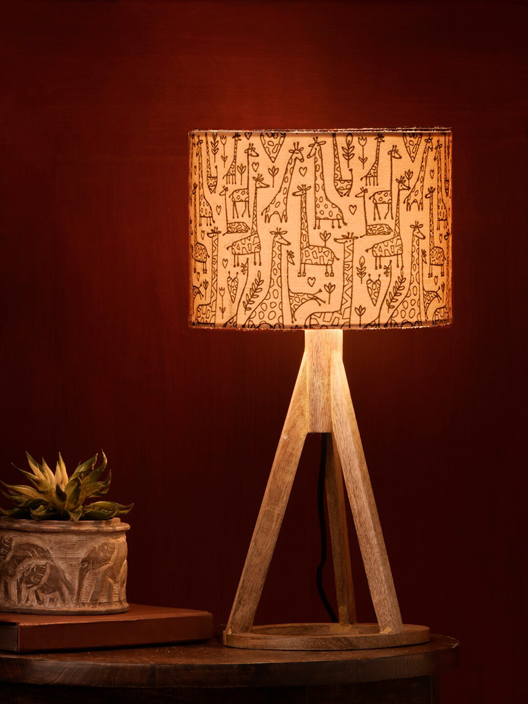 

green girgit Brown Printed Contemporary Table Wooden Lamp with Shade