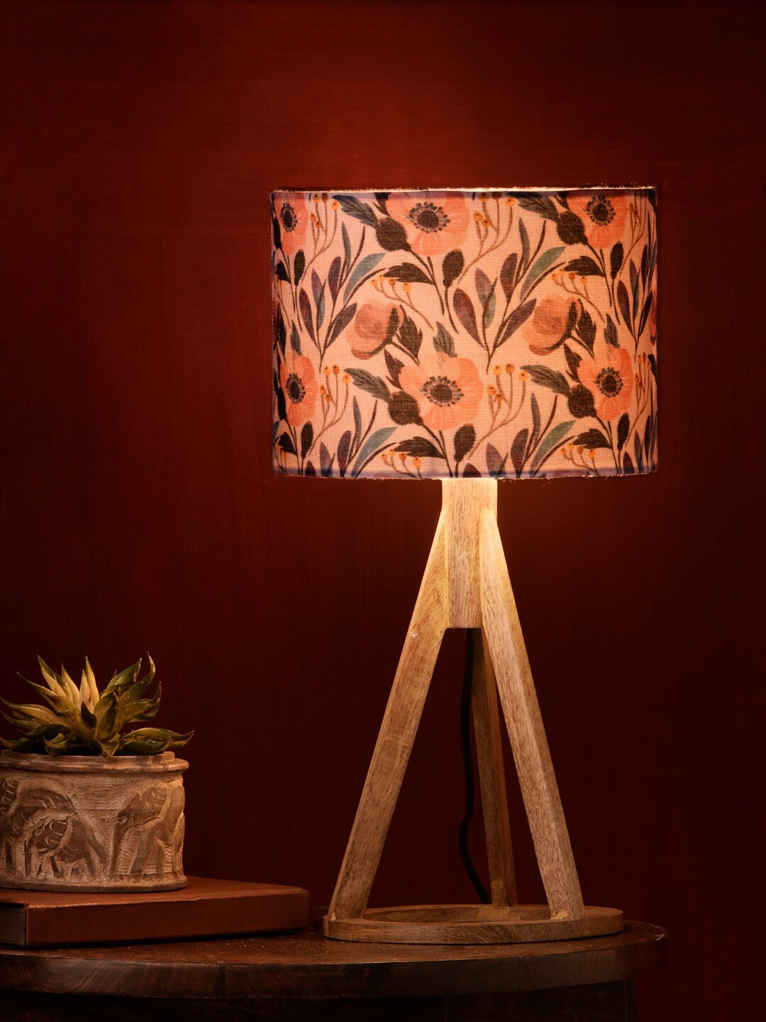 

green girgit Pink & Blue Floral Printed Wooden Table Lamp