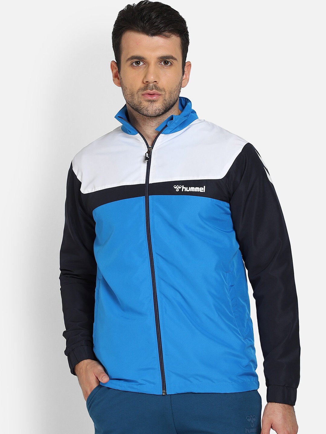 

hummel Men Navy Blue & Black Colourblocked Sporty Jacket