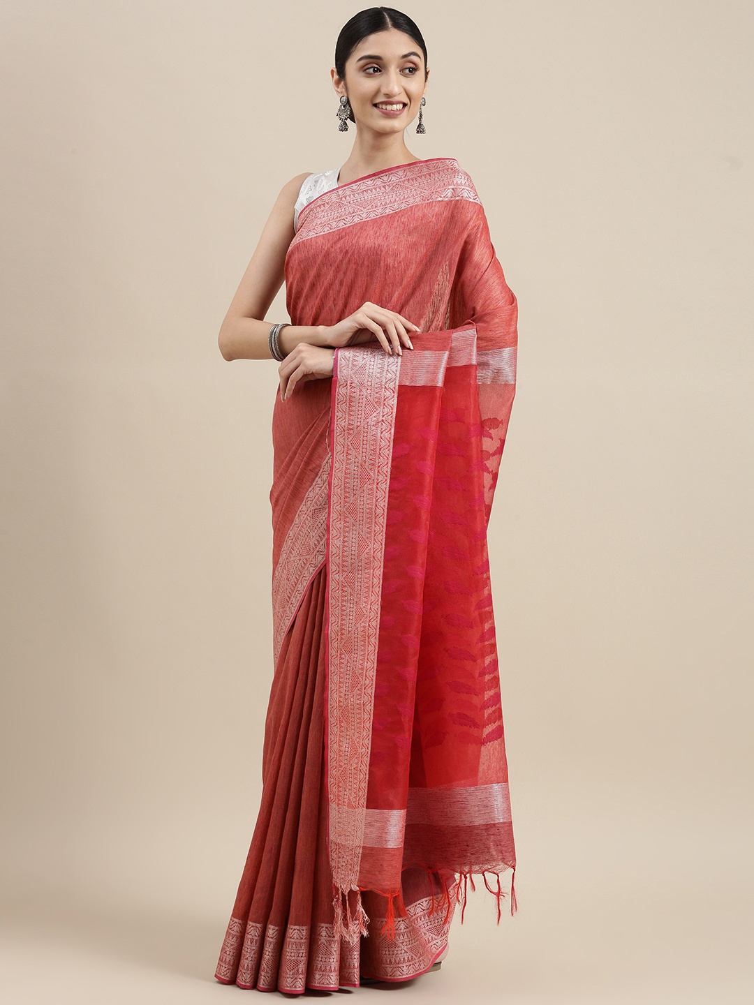 

swatika Maroon Woven Design Zari Silk Blend Handloom Bhagalpuri Saree