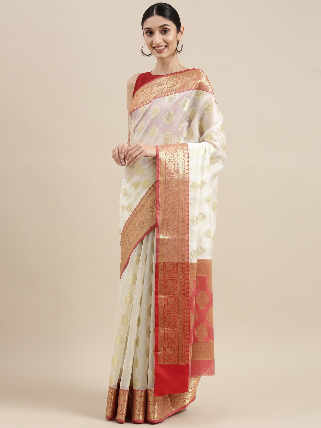 

swatika White & Gold-Toned Woven Design Zari Silk Blend Handloom Chanderi Saree