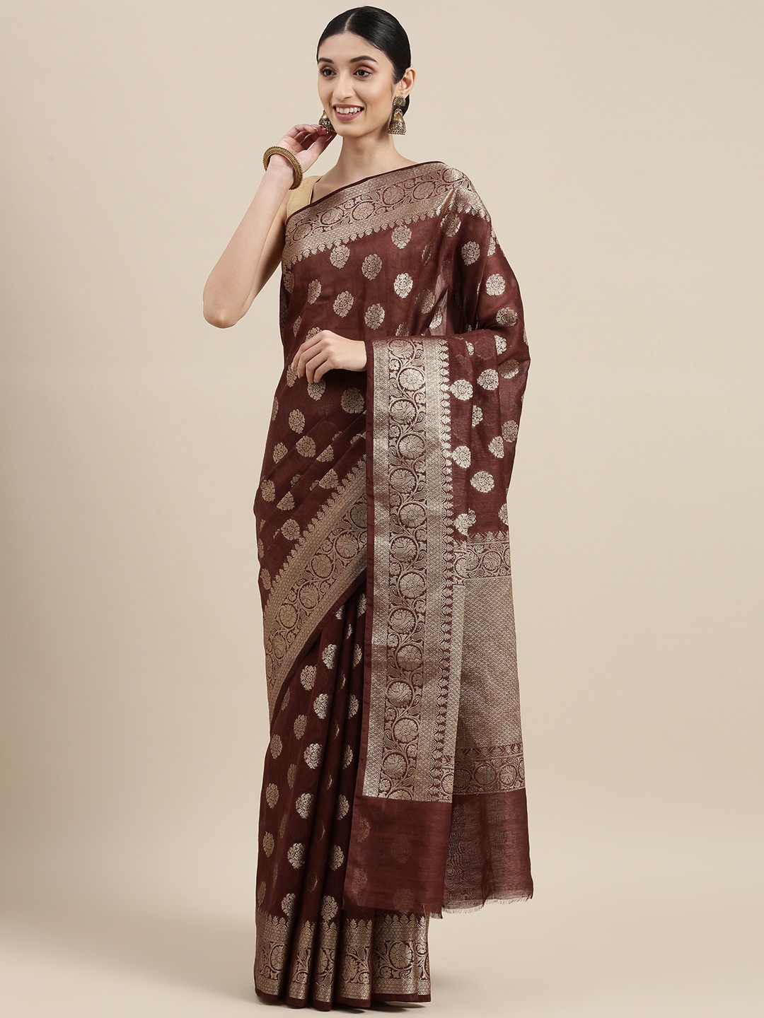 

swatika Brown & Silver-Toned Woven Design Zari Pure Linen Handloom Banarasi Saree