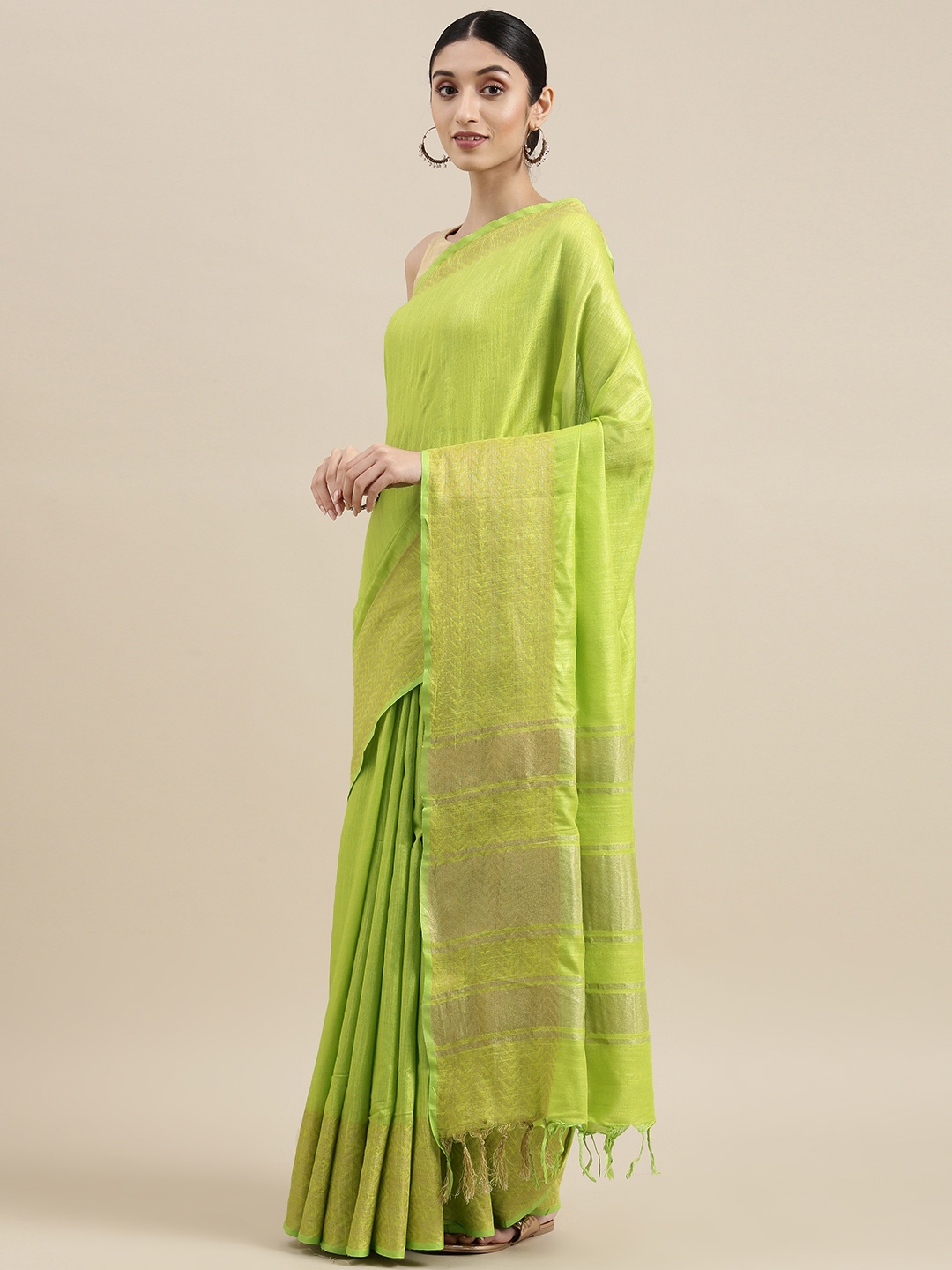 

swatika Green Woven Design Zari Linen Blend Handloom Bhagalpuri Saree