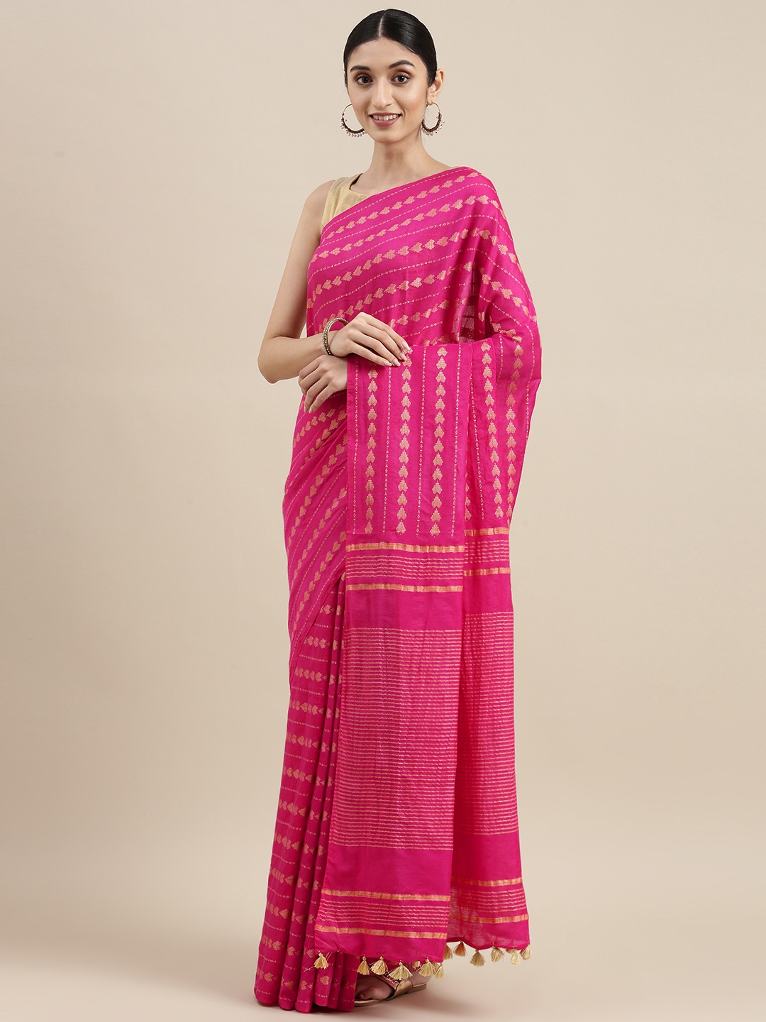 

swatika Pink Striped Zari Silk Blend Handloom Bhagalpuri Saree