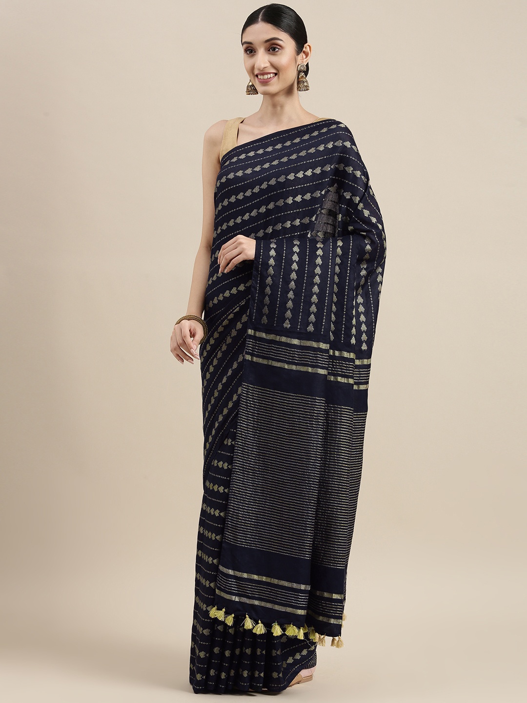 

swatika Navy Blue Striped Zari Silk Blend Handloom Bhagalpuri Saree