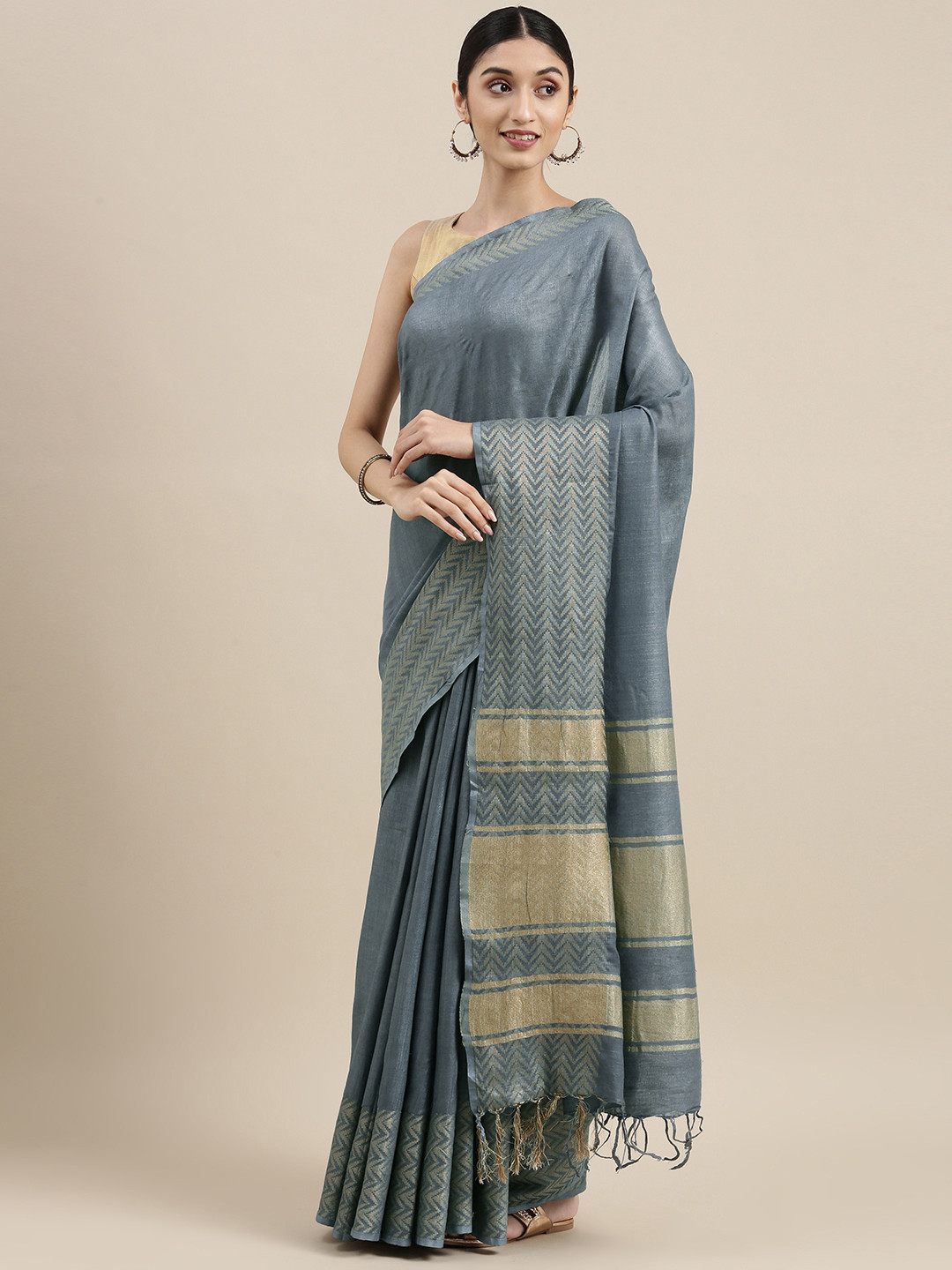 

swatika Grey Zari Linen Blend Handloom Bhagalpuri Saree