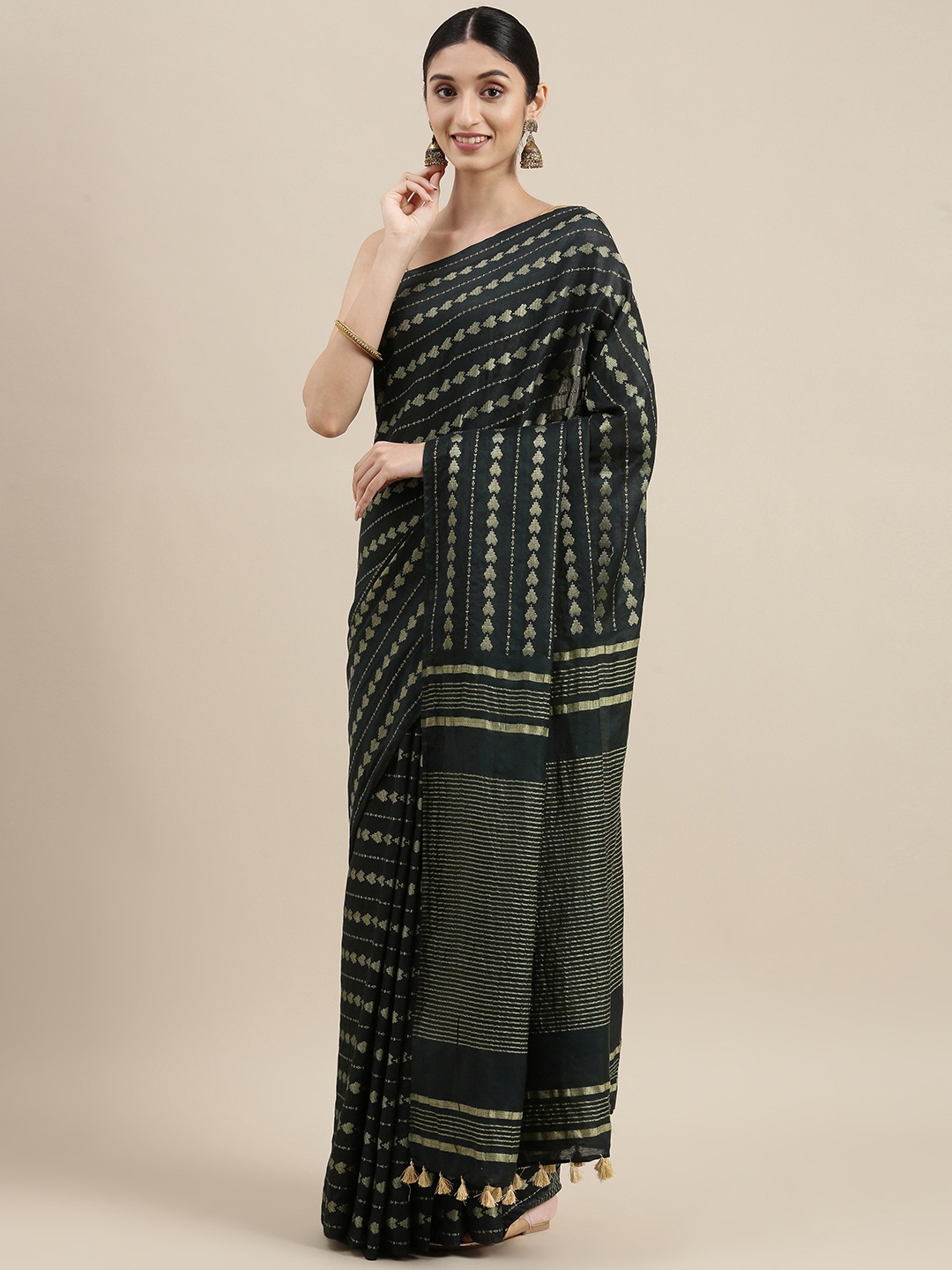 

swatika Green Striped Zari Silk Blend Handloom Bhagalpuri Saree