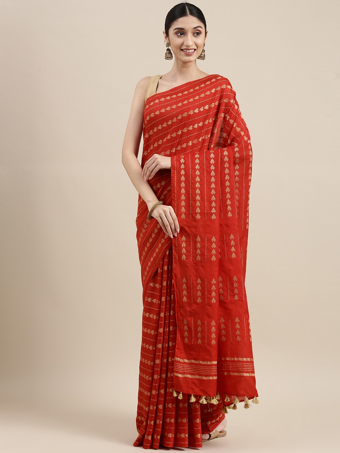 

swatika Red Striped Zari Silk Blend Handloom Bhagalpuri Saree