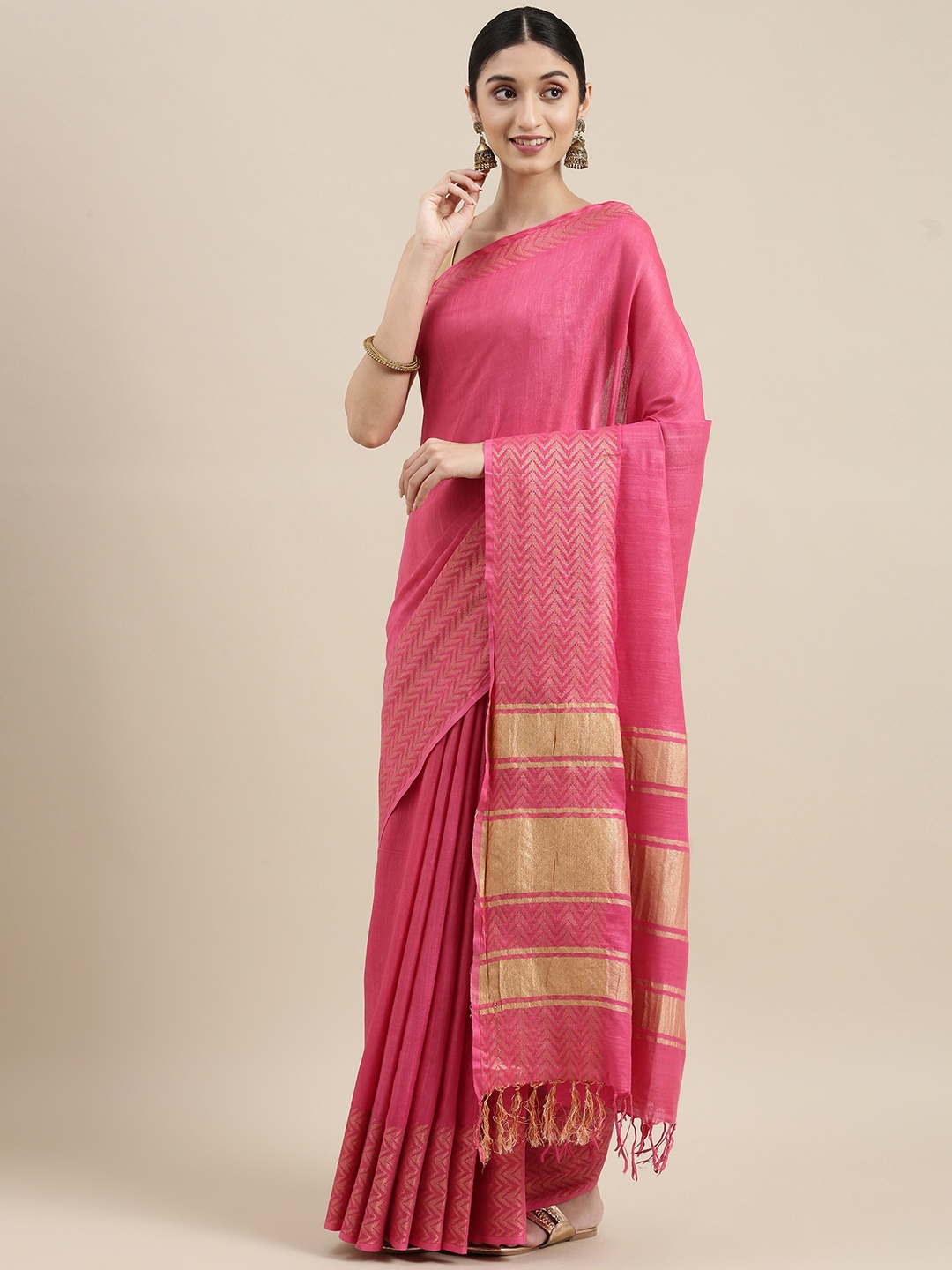 

swatika Pink Woven Design Zari Linen Blend Bhagalpuri Saree