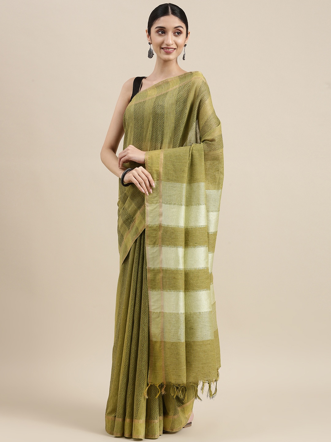 

swatika Green Striped Zari Silk Blend Handloom Bhagalpuri Saree