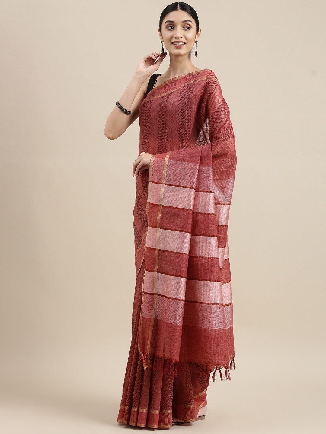 

swatika Pink Striped Zari Silk Blend Handloom Bhagalpuri Saree