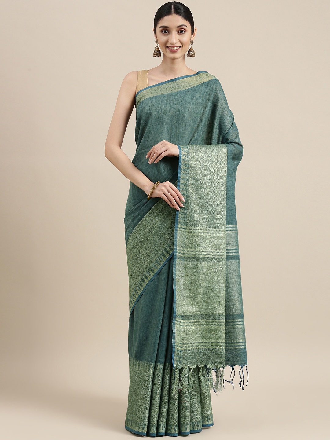 

swatika Blue Woven Design Zari Silk Blend Handloom Bhagalpuri Saree