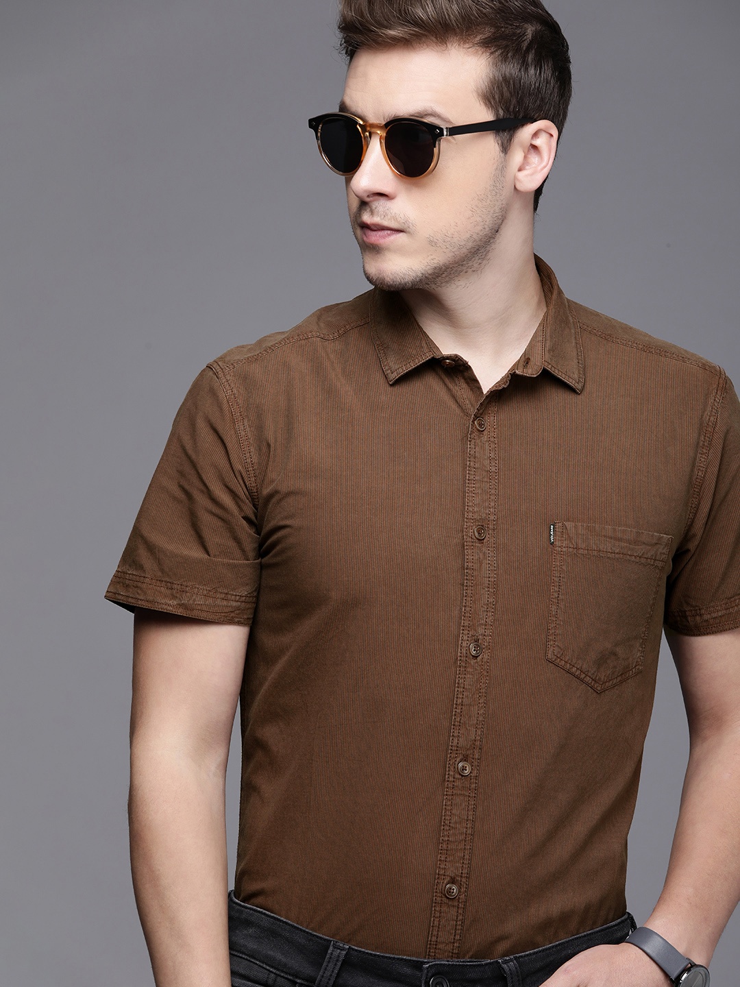 

Voi Jeans Men Brown Self-Striped Slim Fit Pure Cotton Casual Shirt