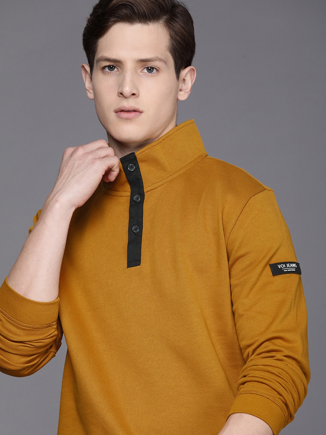 

Voi Jeans Men Mustard Yellow Half Zipper Sweatshirt