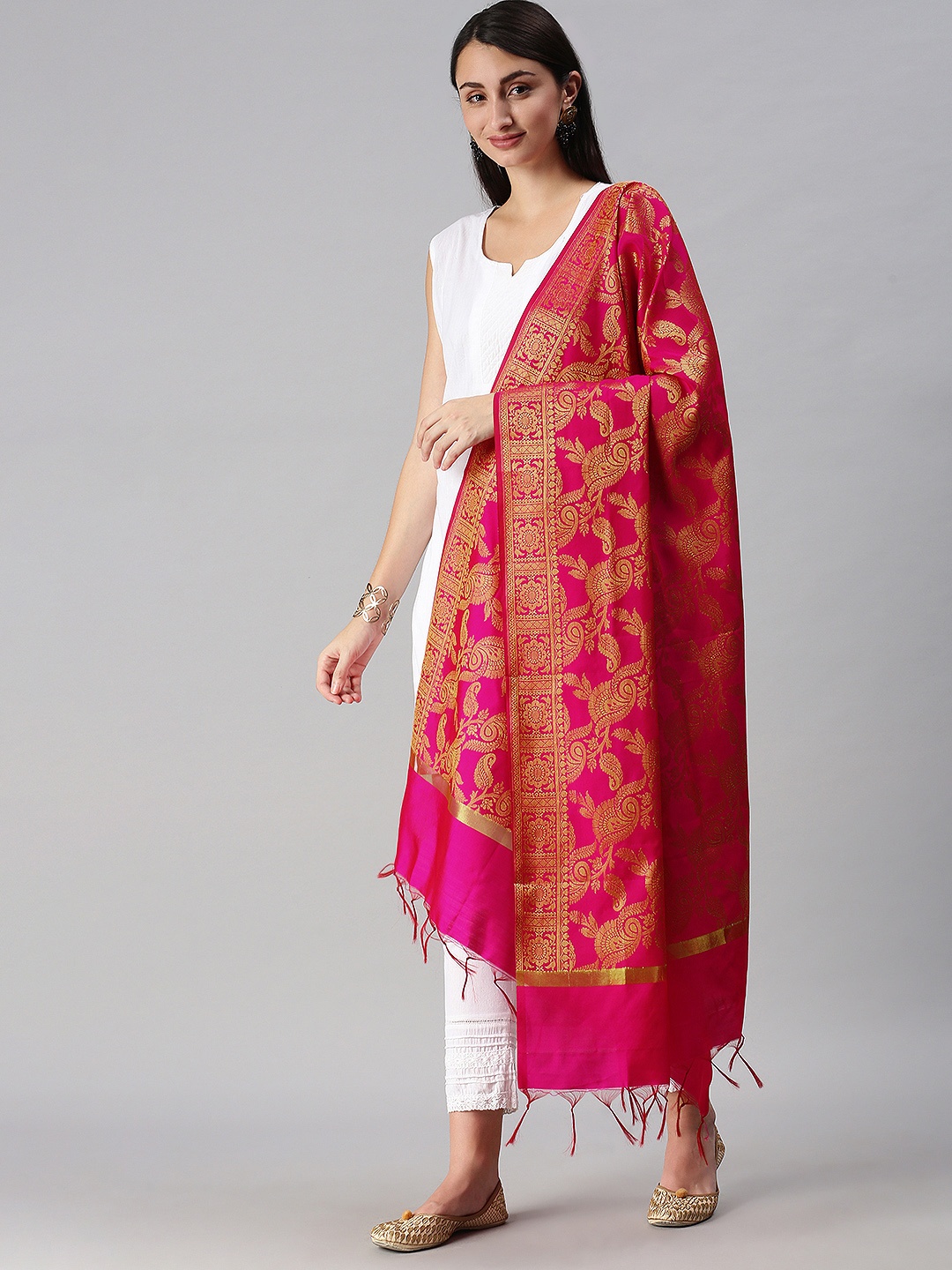 

swatika Pink & Gold-Toned Ethnic Motifs Woven Design Banarasi Handloom Dupatta with Zari