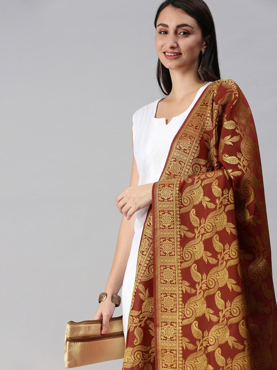 

swatika Maroon & Gold-Toned Ethnic Motifs Woven Design Banarasi Handloom Dupatta with Zari