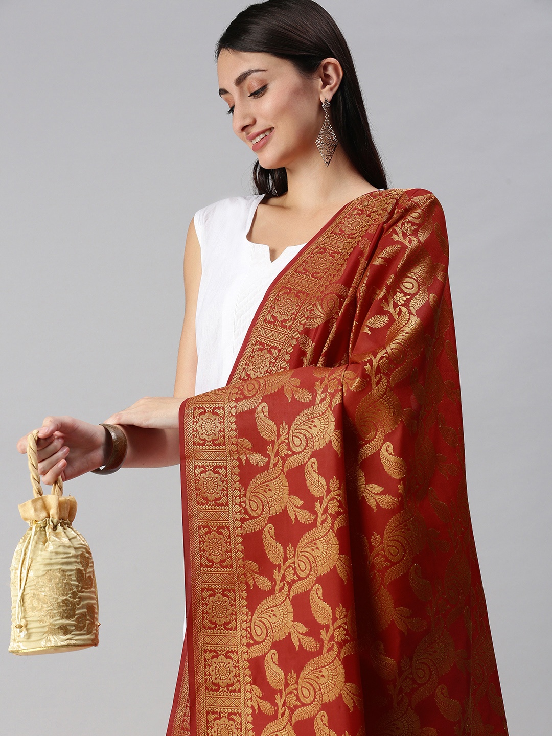 

swatika Red & Gold-Toned Ethnic Motifs Woven Design Banarasi Handloom Dupatta with Zari