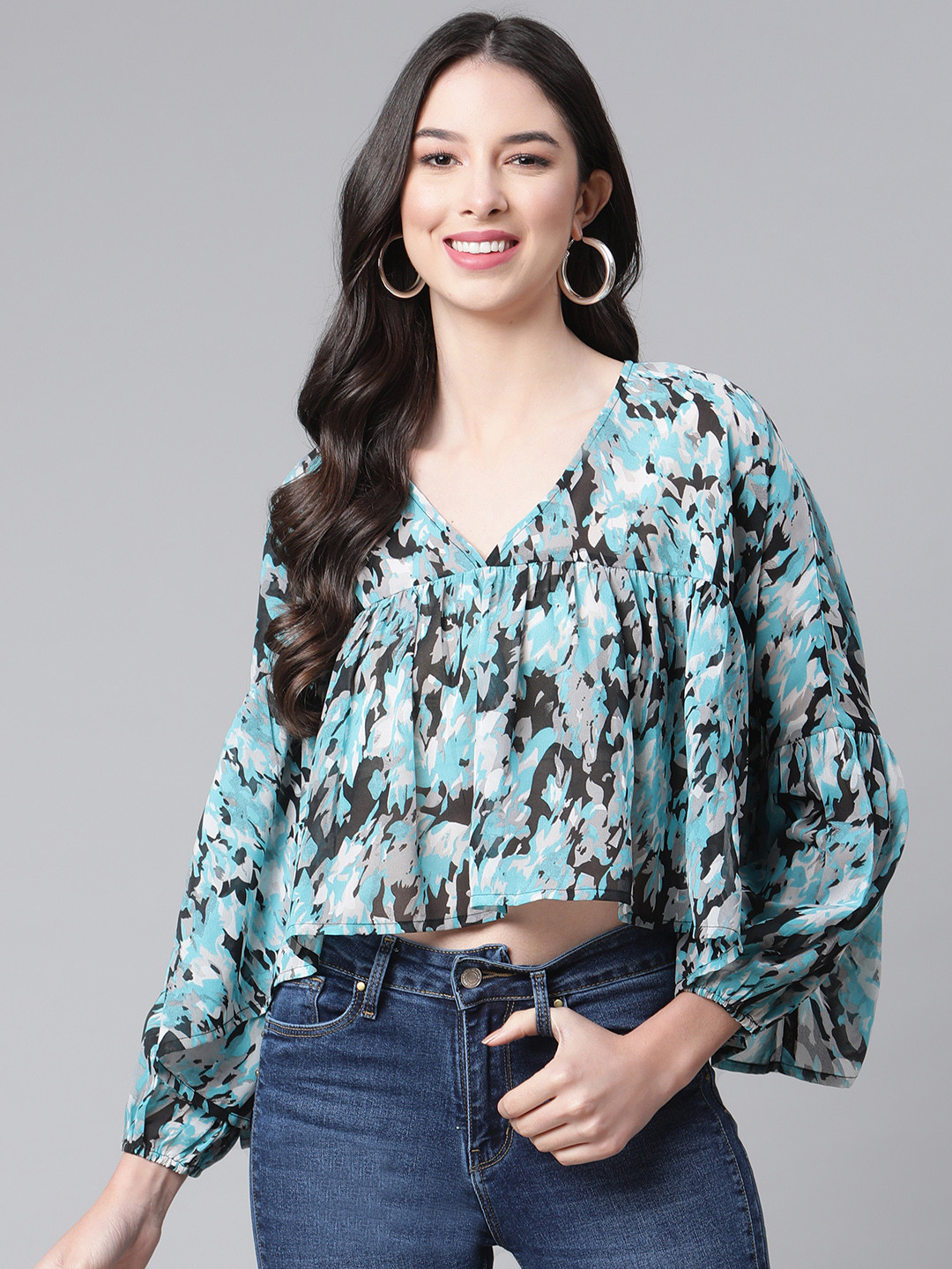 

Cottinfab Women Blue & Black Georgette Regular Crop Top