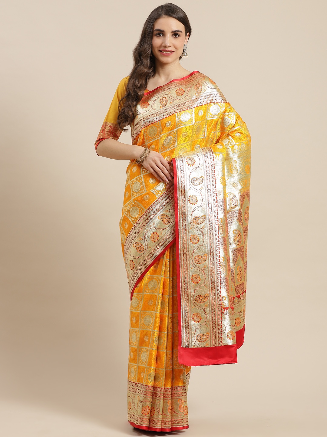 

Chhabra 555 Yellow & Mustard Woven Design Zari Silk Blend Kanjeevaram Saree