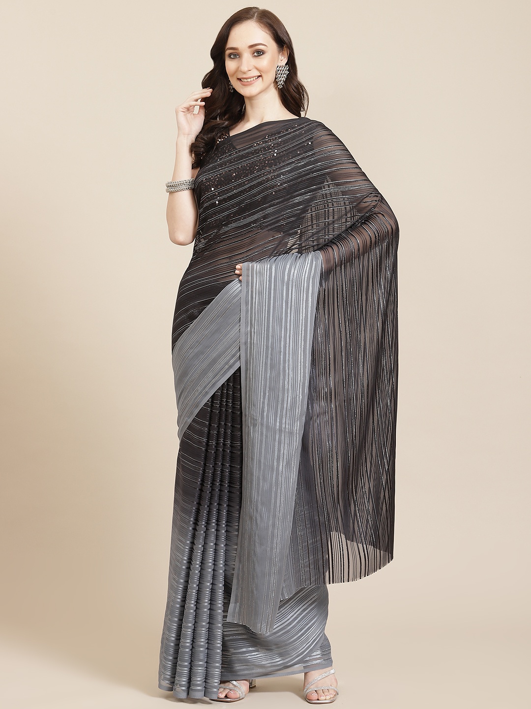 

Chhabra 555 Black & Grey Ombre Sequinned Saree