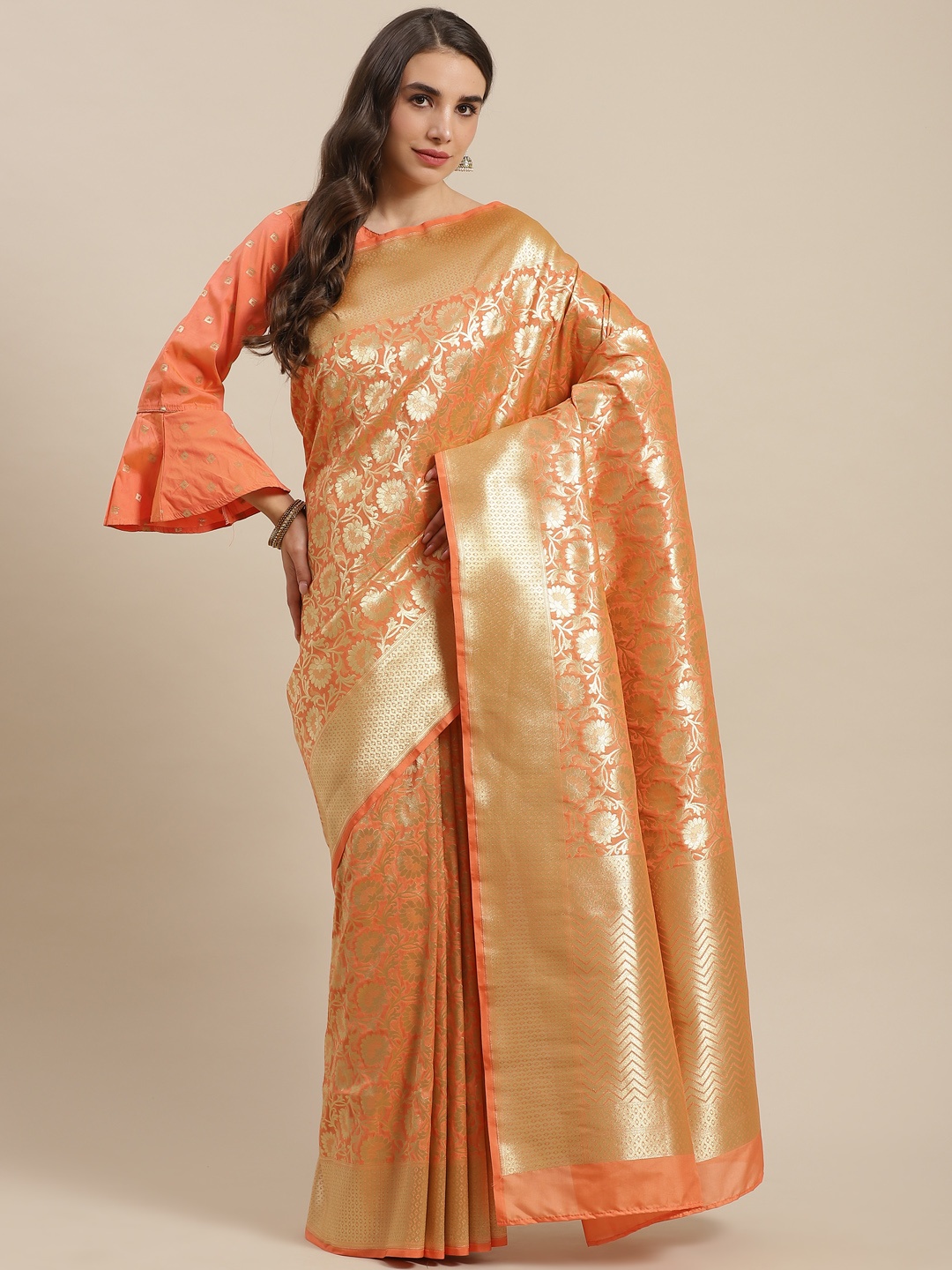 

Chhabra 555 Orange & Peach-Coloured Ethnic Motifs Zari Silk Blend Kanjeevaram Saree