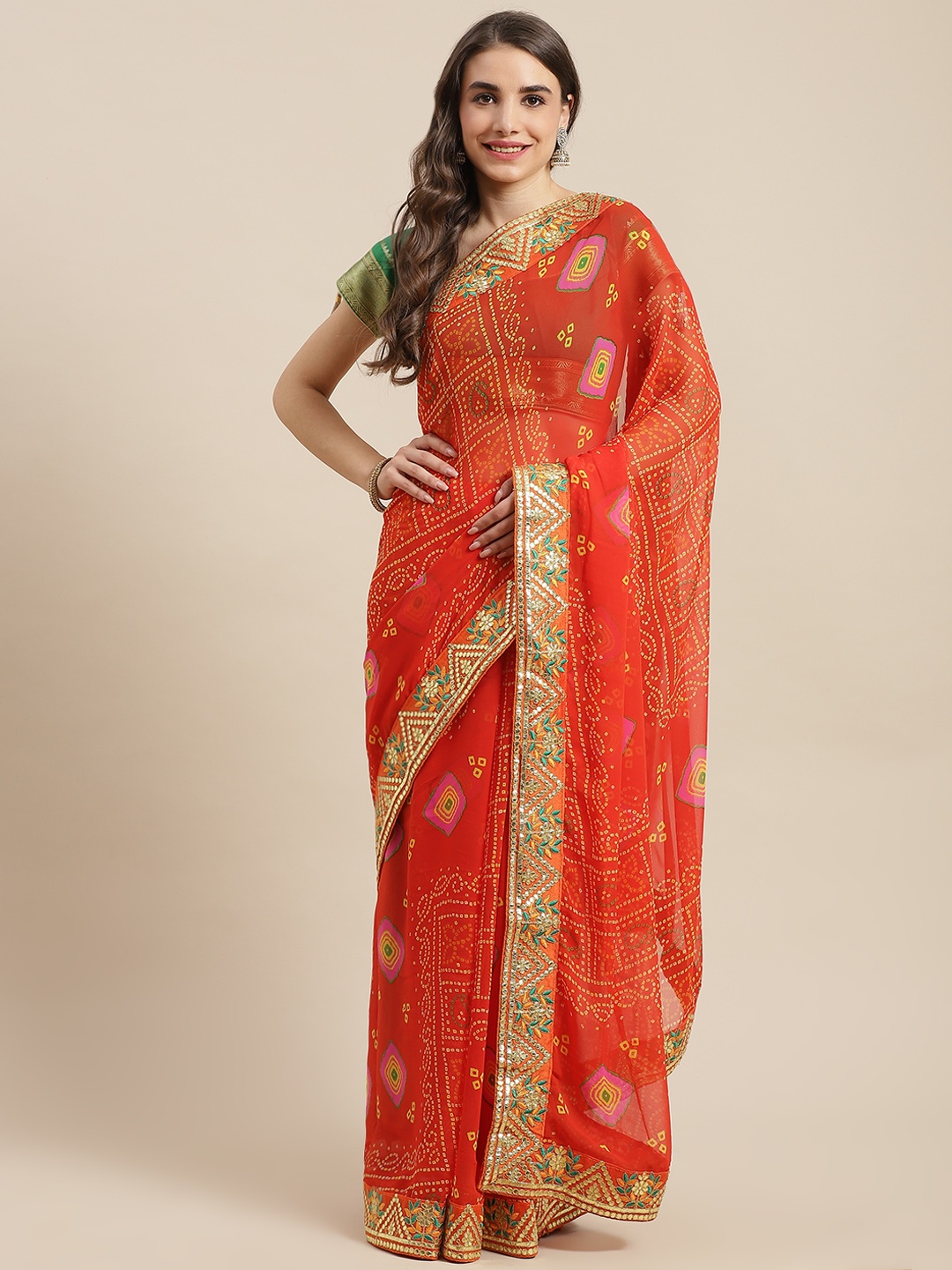 

Chhabra 555 Orange & Coral Bandhani Gotta Patti Bandhani Saree