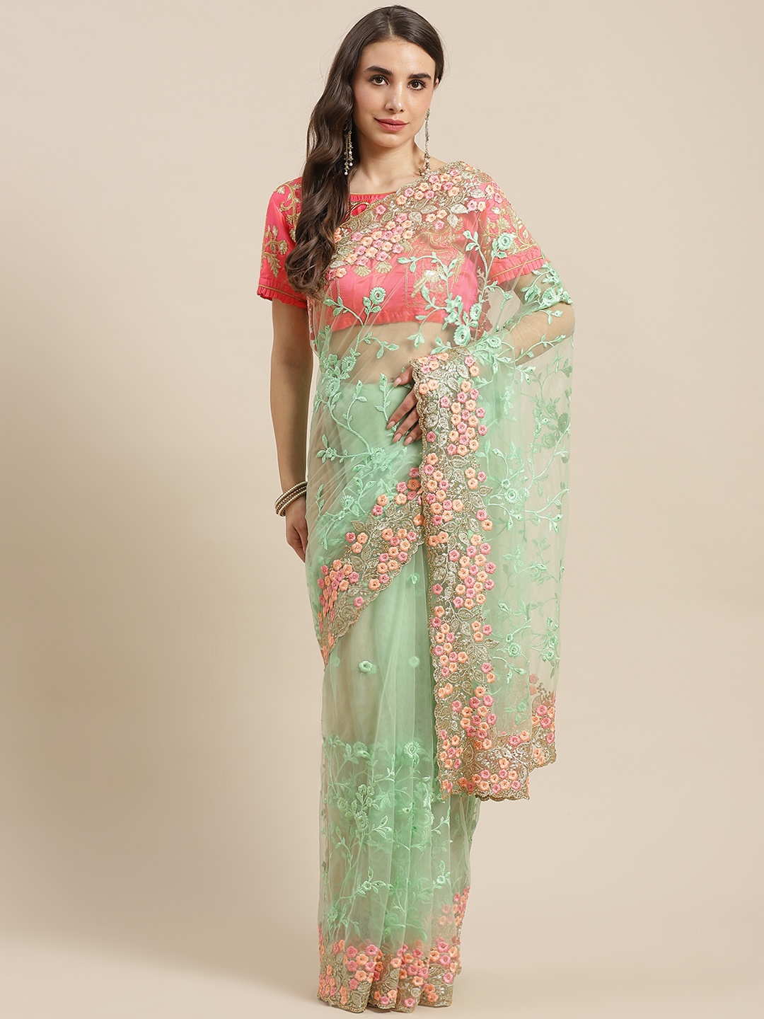 

Chhabra 555 Green Floral Embroidered Net Saree