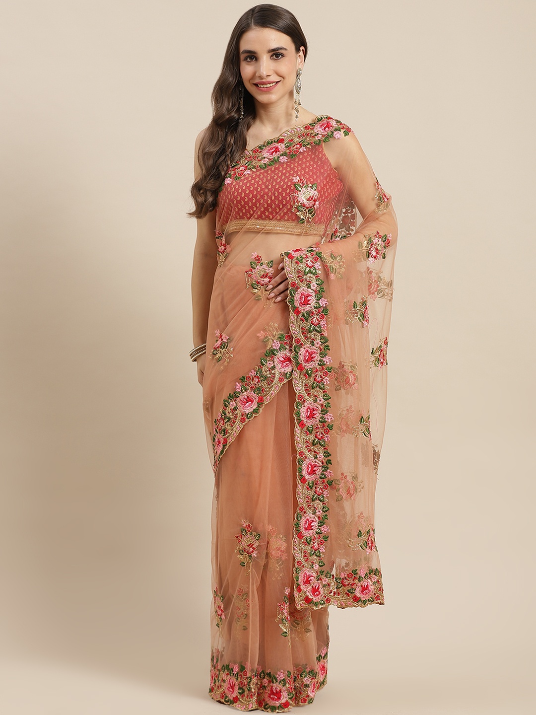 

Chhabra 555 Pink & Mauve Floral Zari Net Saree