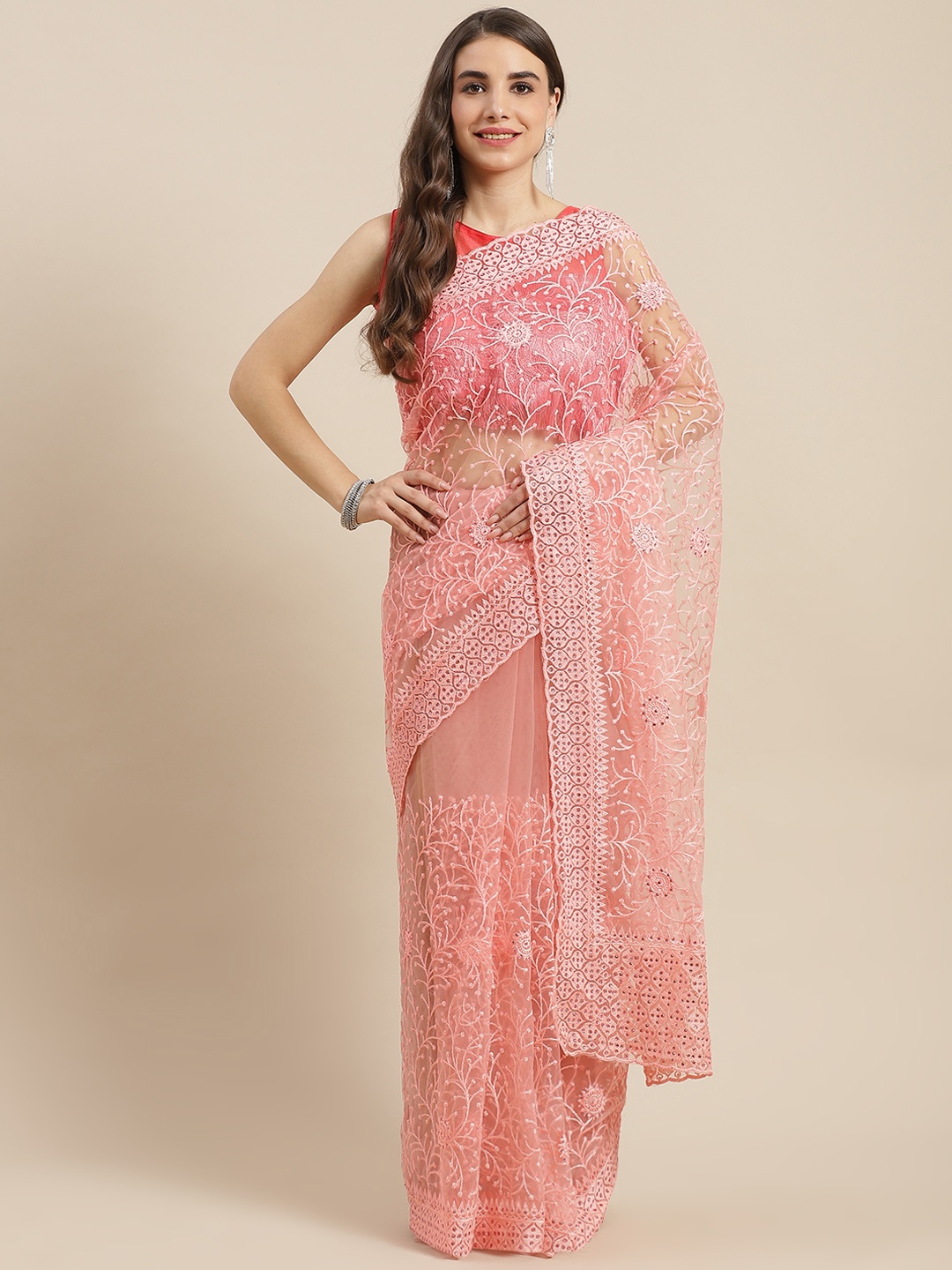 

Chhabra 555 Peach-Coloured & Pink Floral Beads and Stones Net Saree