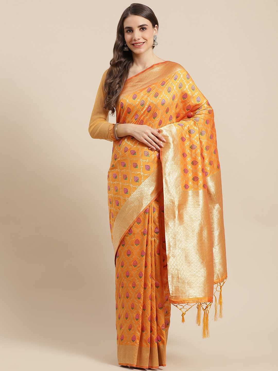 

Chhabra 555 Mustard & Orange Ethnic Motifs Zari Art Silk Banarasi Saree