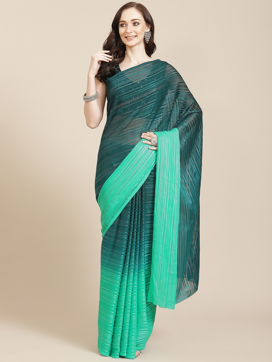 

Chhabra 555 Teal & Green Ombre Sequinned Saree