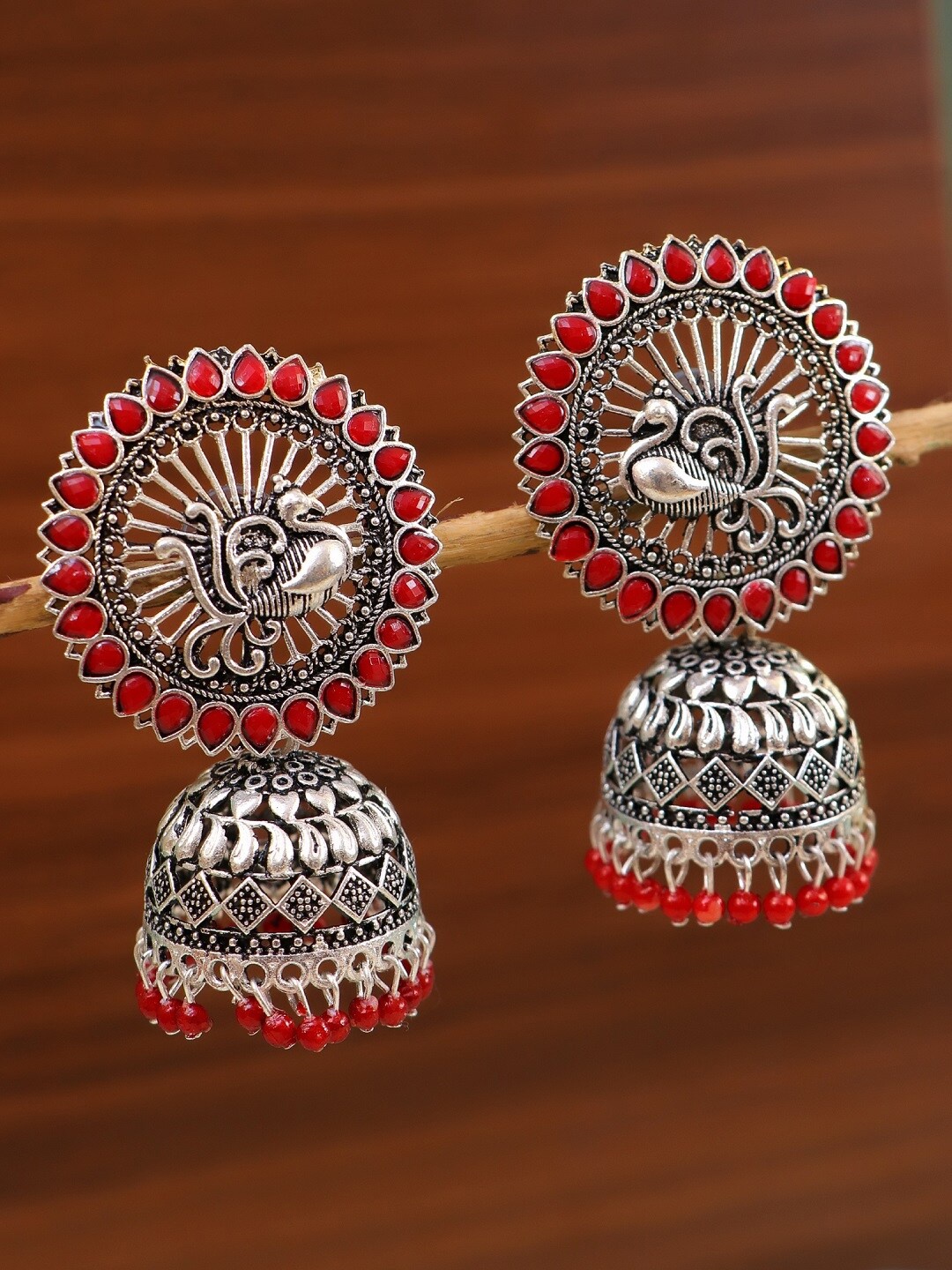 

Crunchy Fashion Silver-Plated Red German Silver Oxidized Contemporary Jhumkas