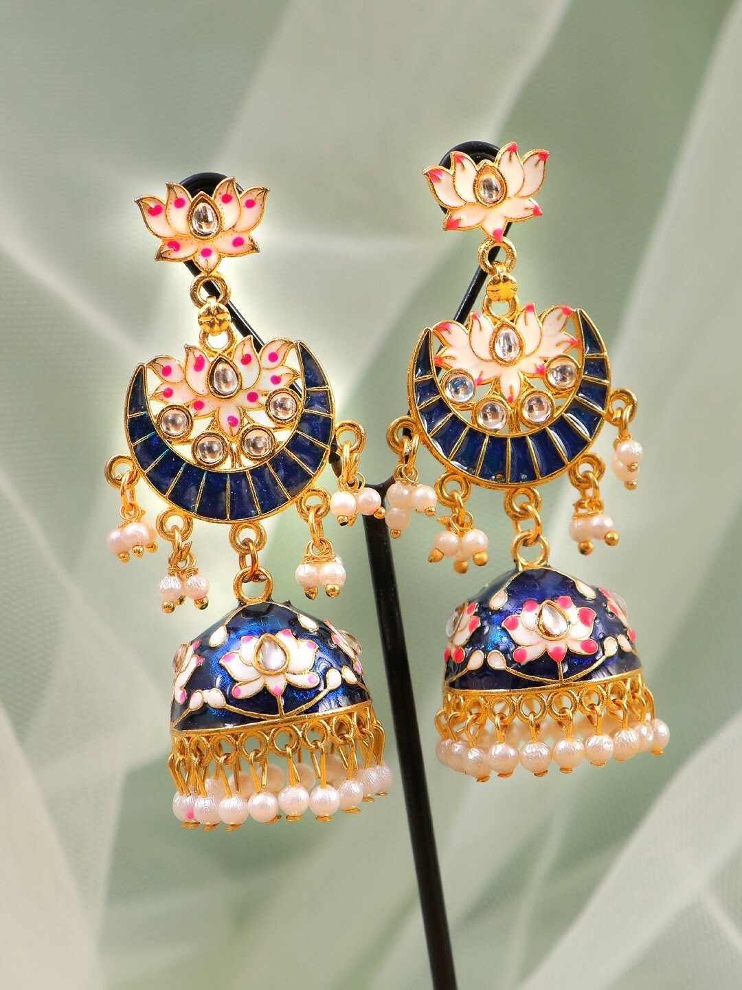 

Crunchy Fashion Blue & Gold-Toned & Plated Meenakari Jhumkas Earrings