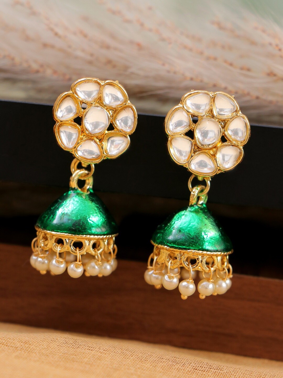 

Crunchy Fashion Green Gold-Plated Contemporary Jhumkas Earrings