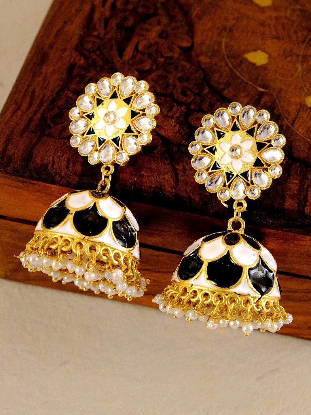 

Crunchy Fashion Woman White & Black Meenakari Kundan Jhumkas Earrings