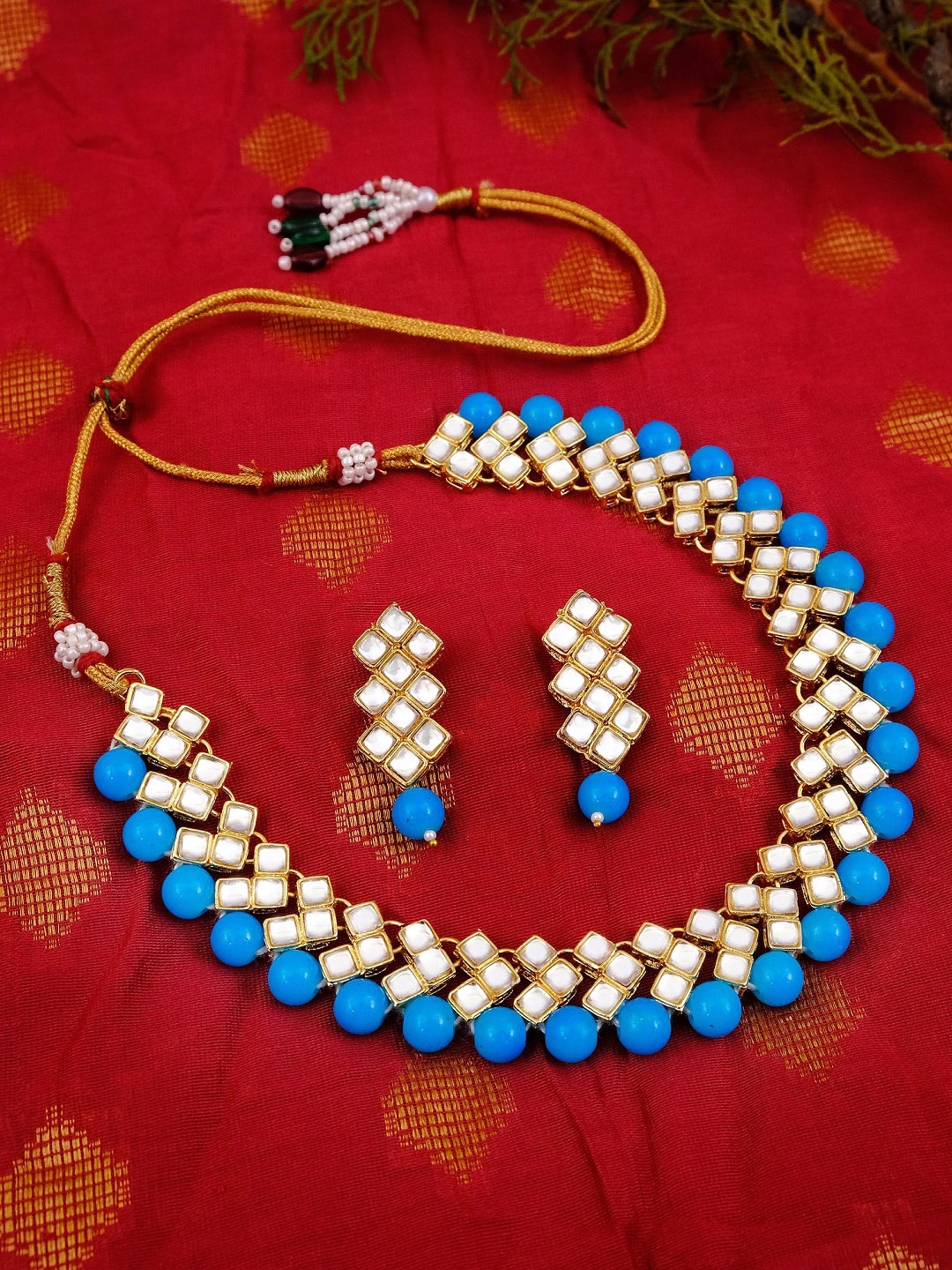

Crunchy Fashion Gold-Plated Blue & White Studded Jewellery Set